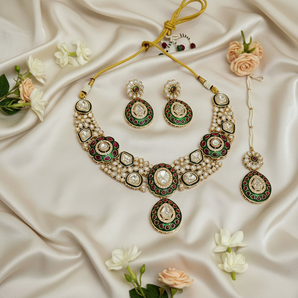 Nayab Meenakari Polki set (Pink-Green)