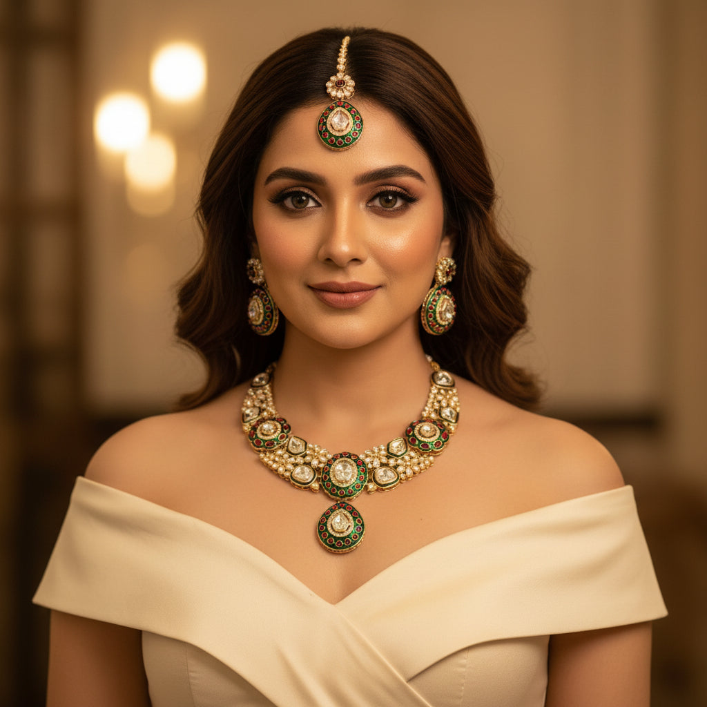 Nayab Meenakari Polki set (Pink-Green)