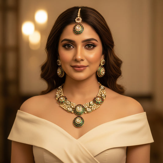 Nayab Meenakari Polki set (Pink-Green)