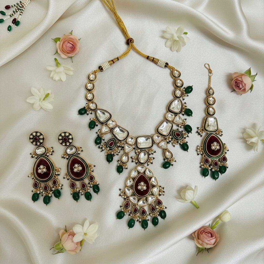 Lavika Meenakari Polki set (Green-Pink)