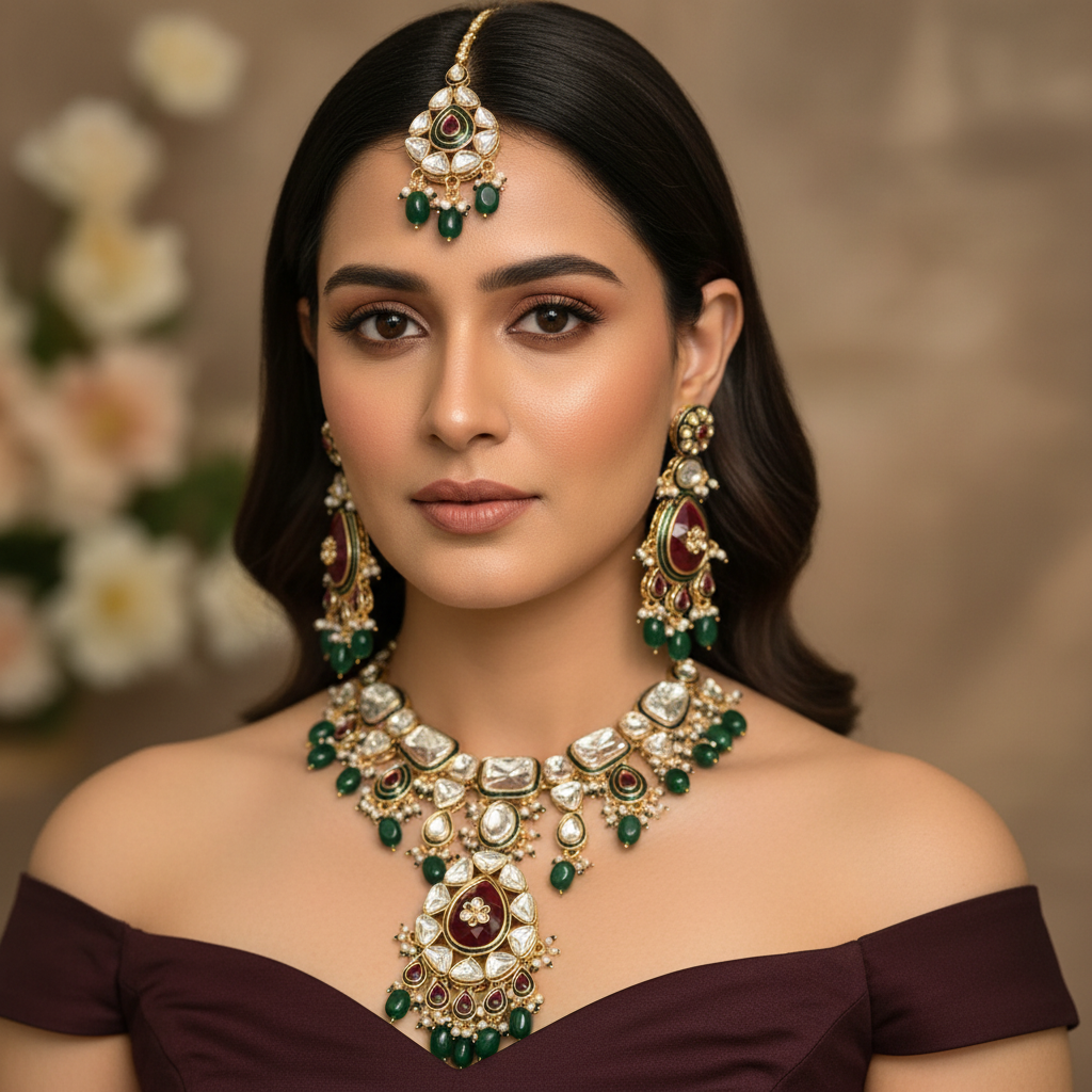Lavika Meenakari Polki set (Green-Pink)