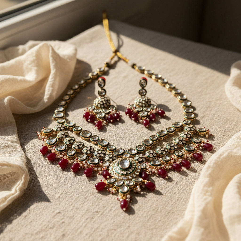 Pariniti Meenakari Polki set (Wine-Green)