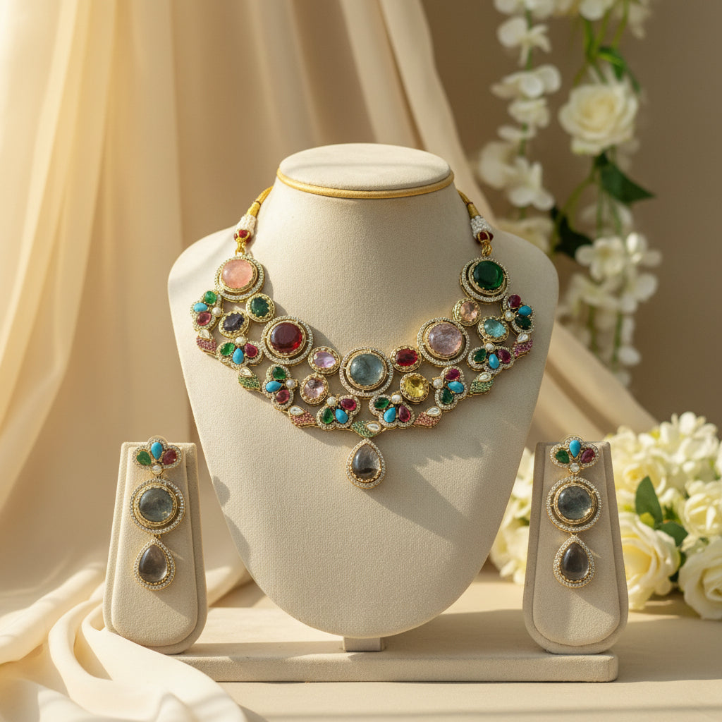 Riya Kundan Bridal Necklace Set (Multicolour)