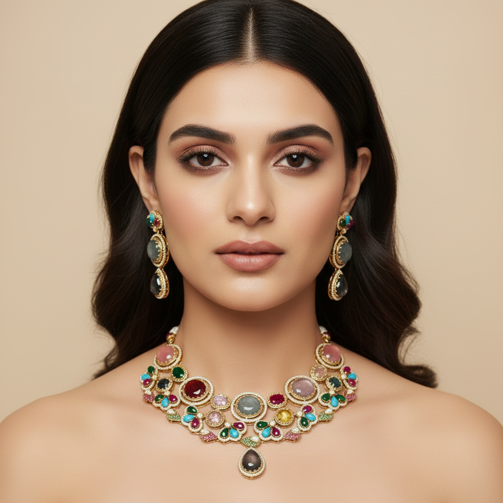 Riya Kundan Bridal Necklace Set (Multicolour)