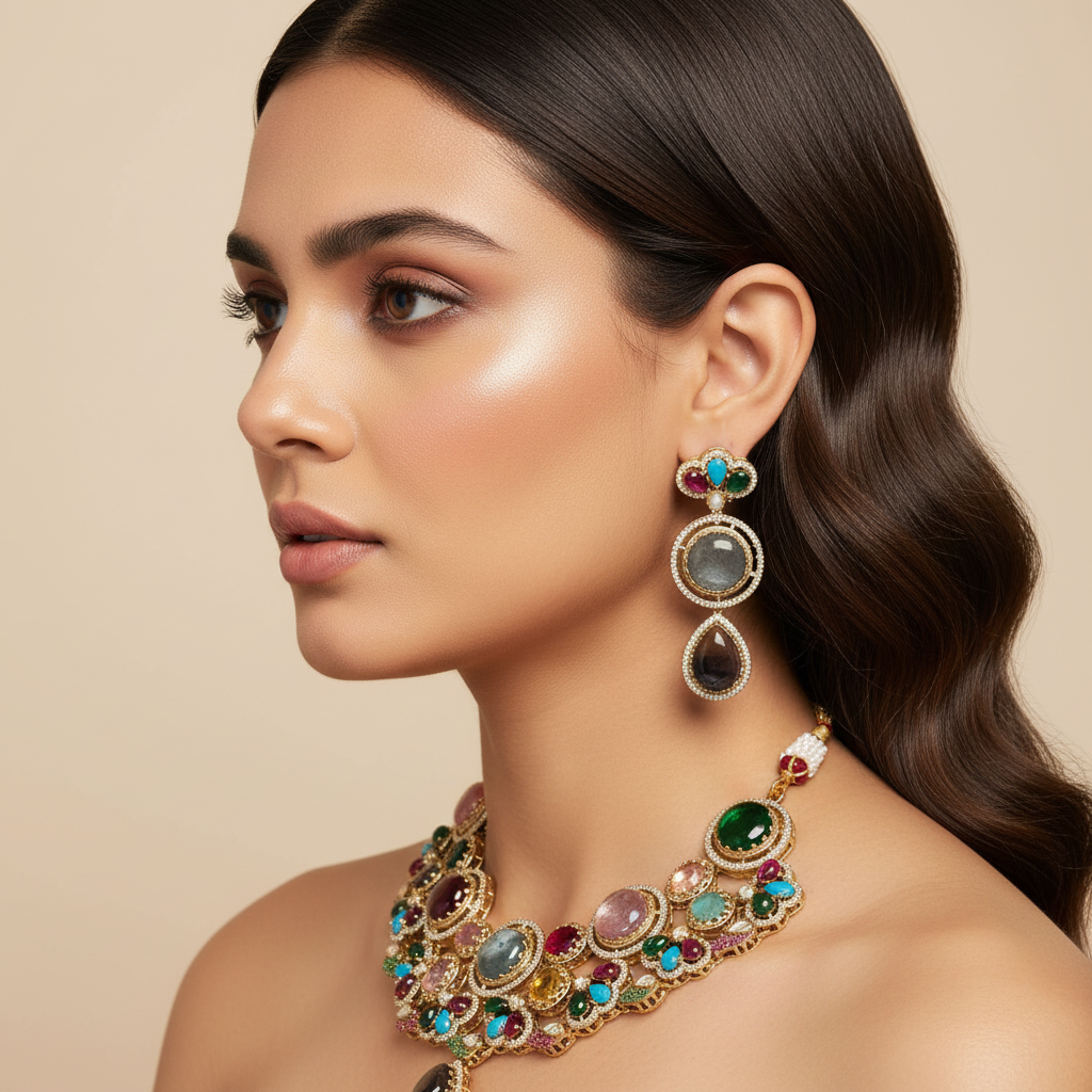 Riya Kundan Bridal Necklace Set (Multicolour)