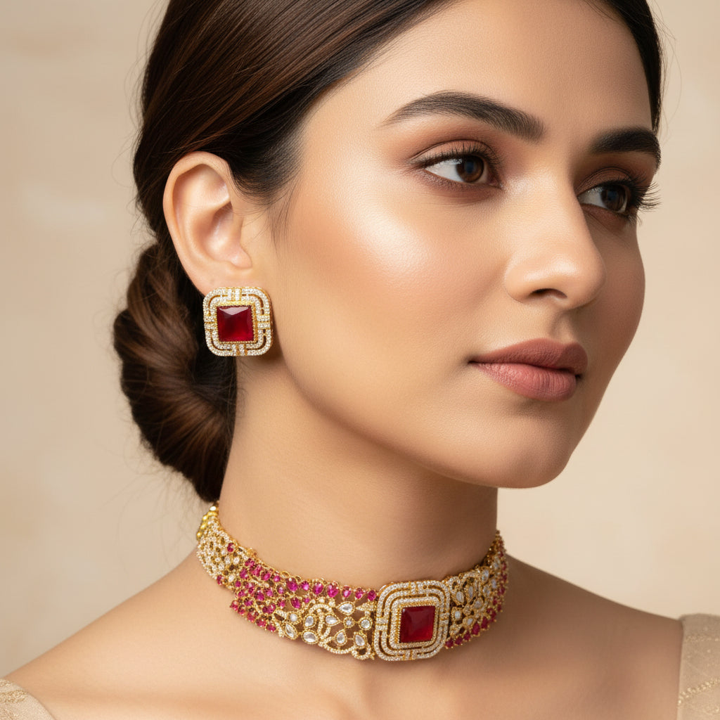Cheena Kundan Necklace Set (Rani-Pink)