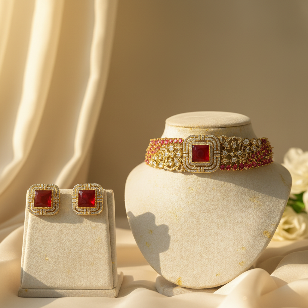Cheena Kundan Necklace Set (Rani-Pink)