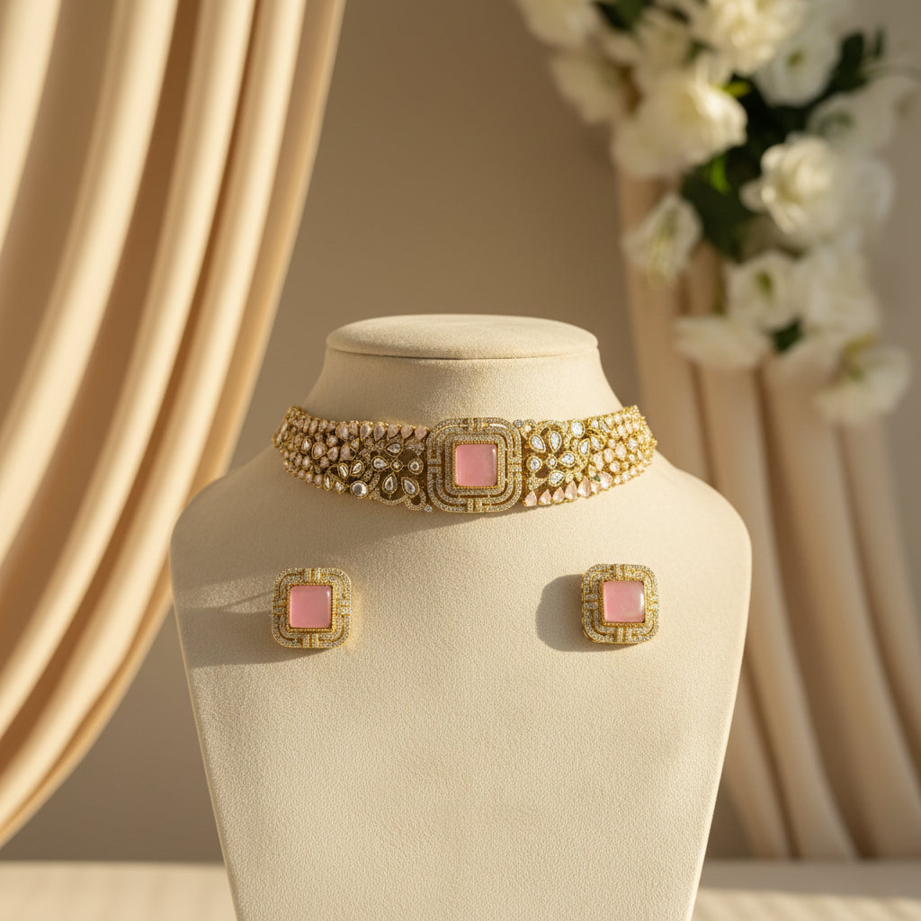 Cheena Kundan Necklace Set (Light-Pink)