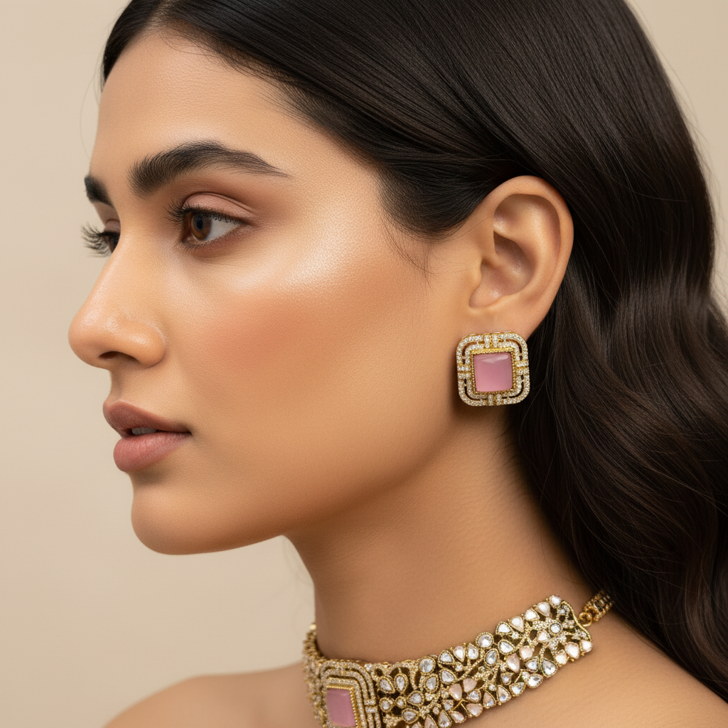 Cheena Kundan Necklace Set (Light-Pink)