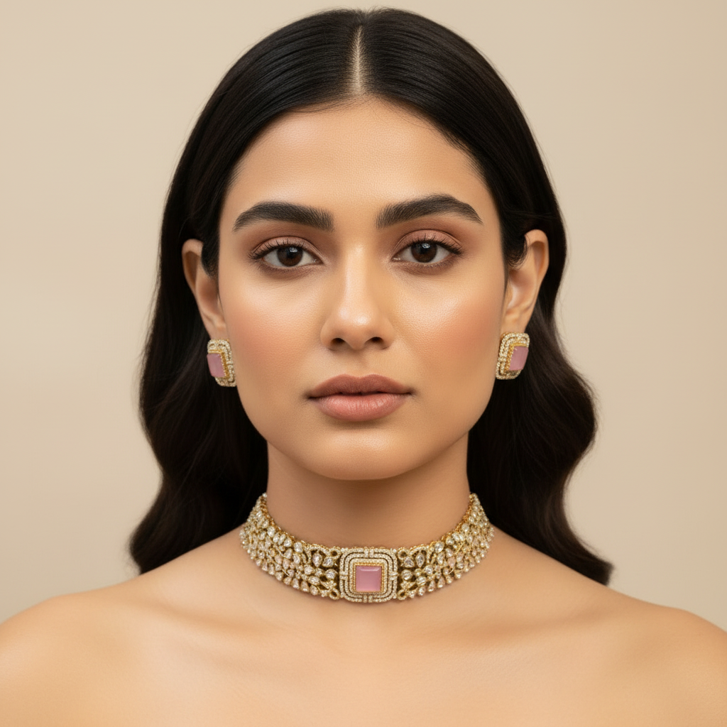 Cheena Kundan Necklace Set (Light-Pink)