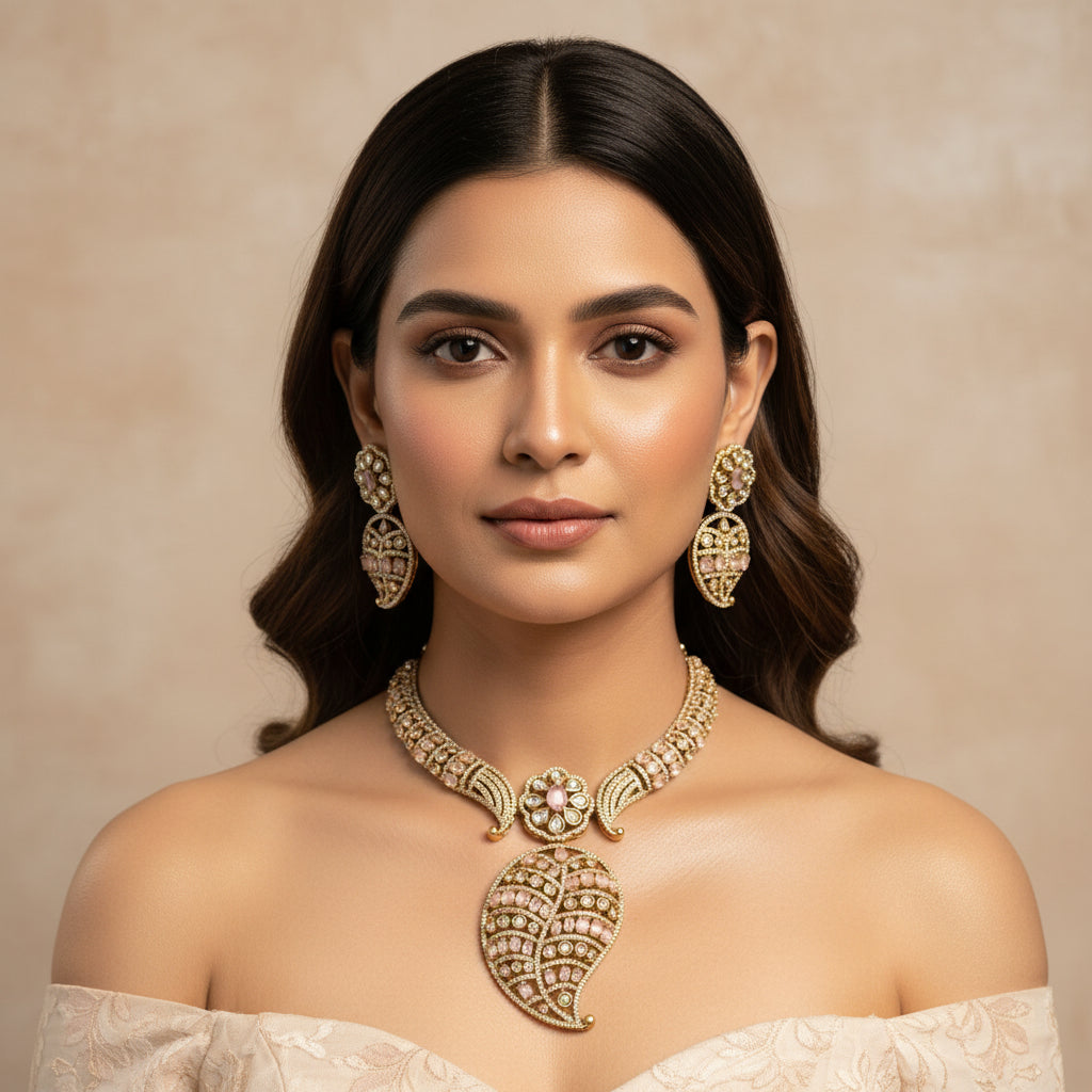 Naira Kundan Bridal Necklace Set (Light-Pink)
