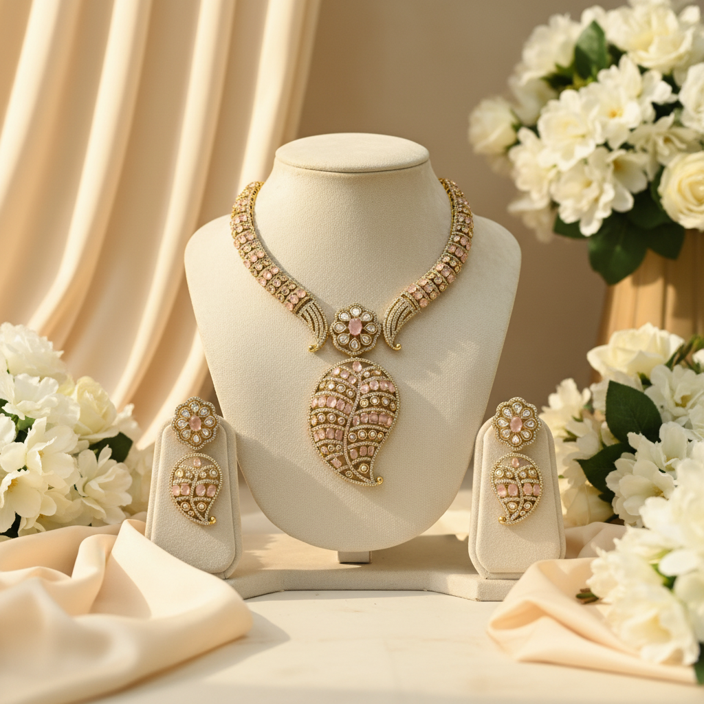Naira Kundan Bridal Necklace Set (Light-Pink)