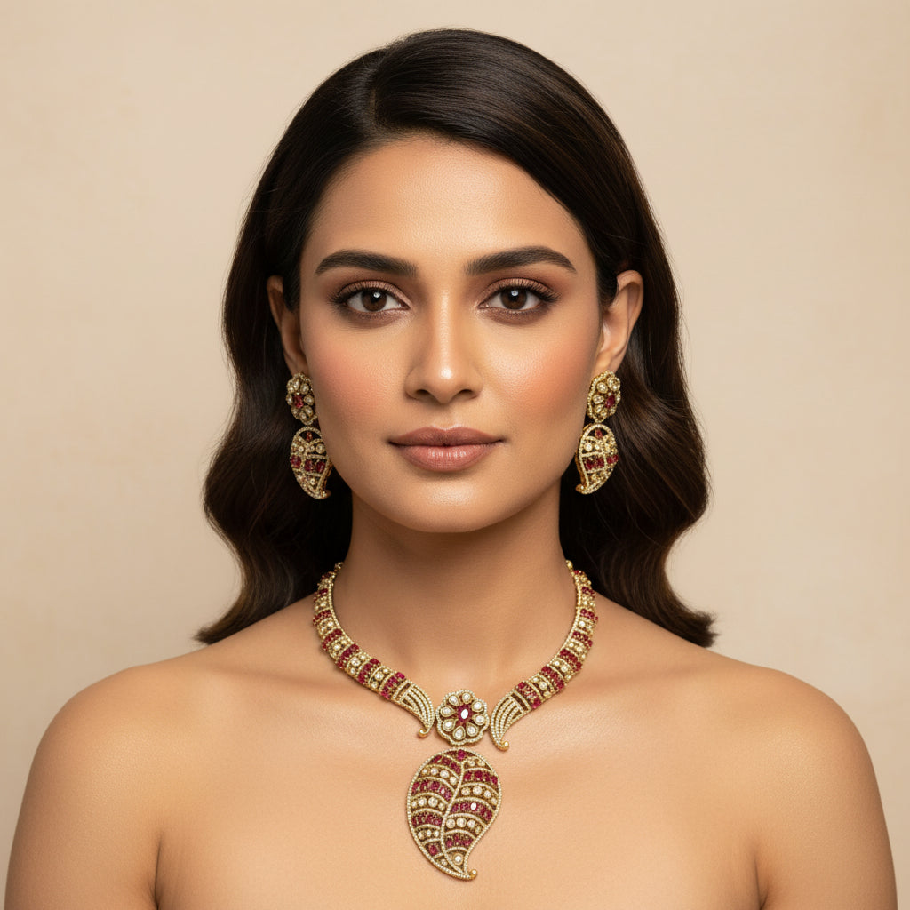Naira Kundan Bridal Necklace Set (Rani-Pink)