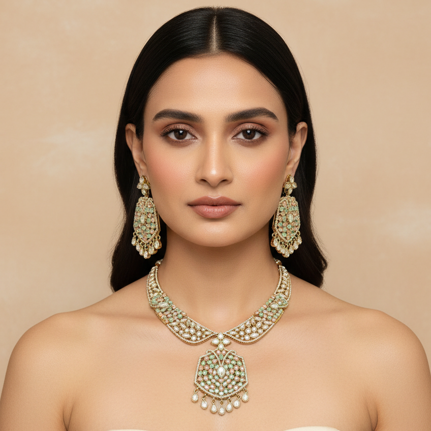 Parul Bridal Necklace Set (Pink-Mint green)