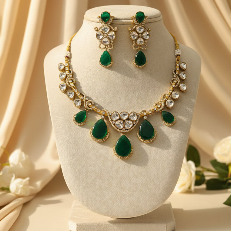 Meena Polki Necklace Set (Green)