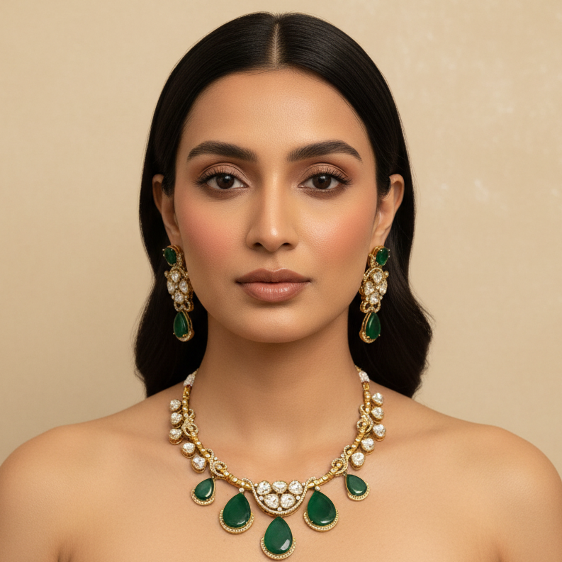 Meena Polki Necklace Set (Green)