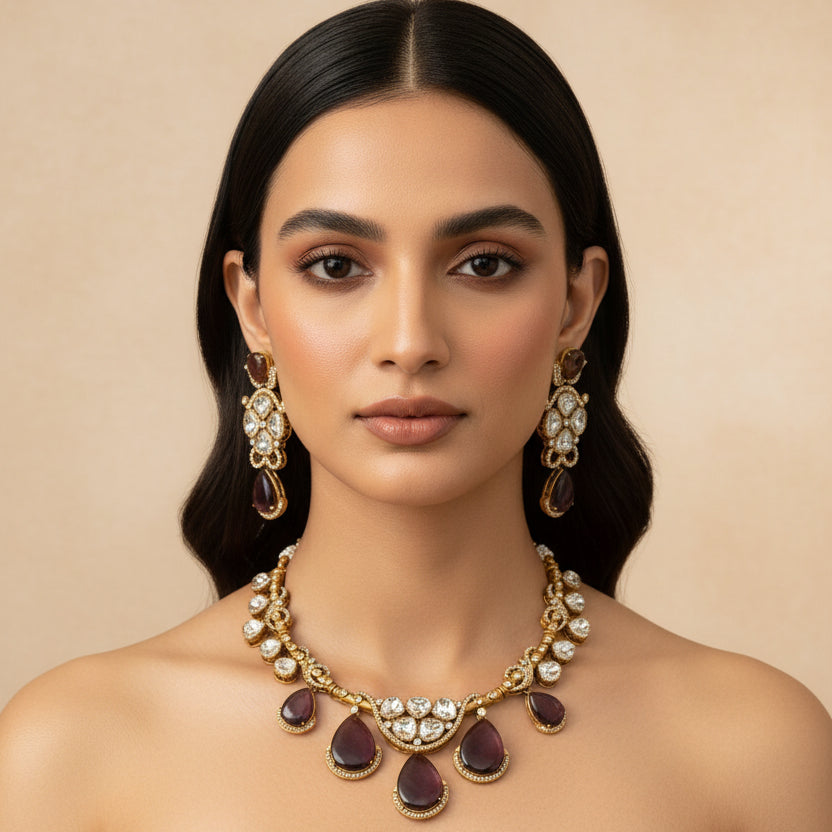 Meena Polki Necklace Set (Purple)