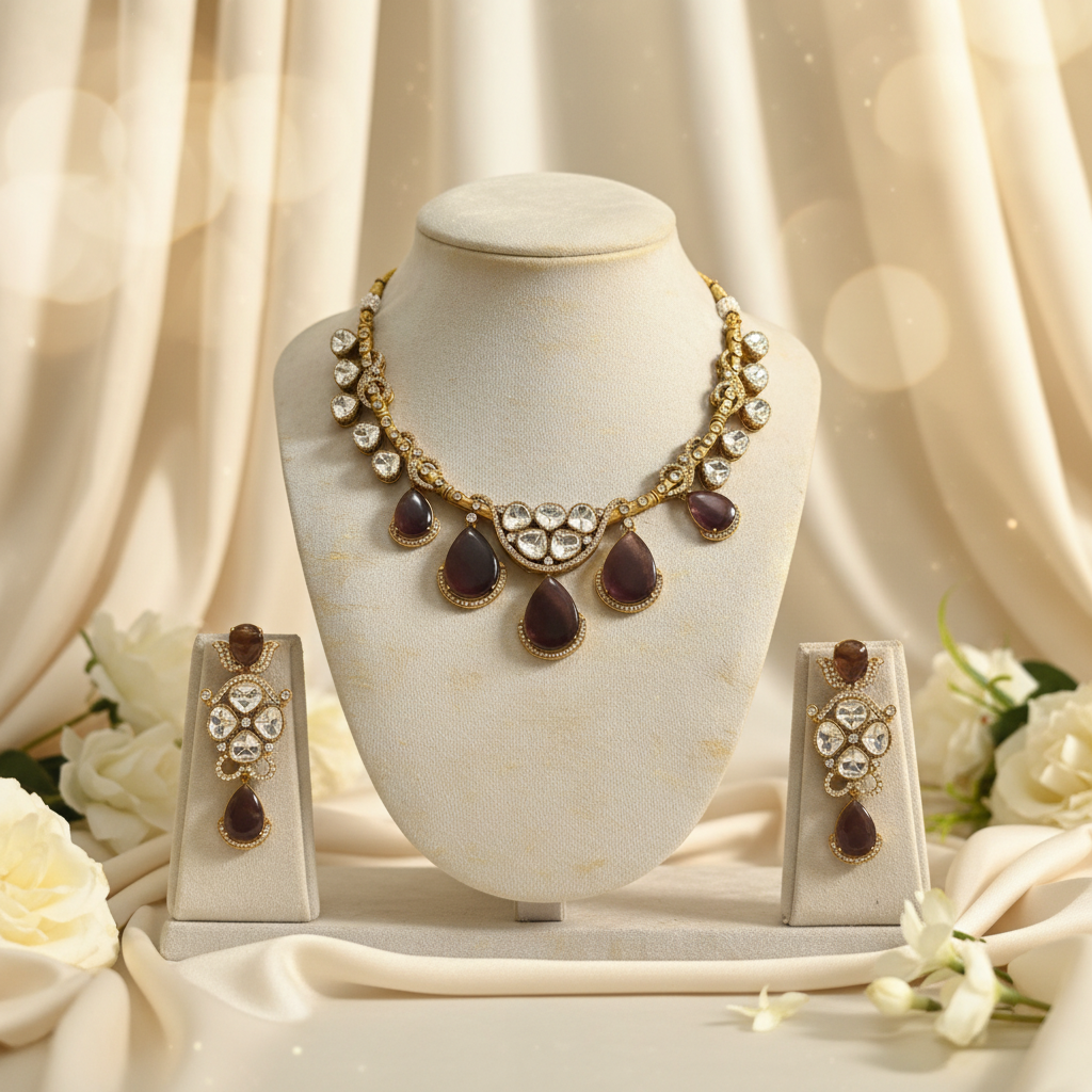 Meena Polki Necklace Set (Purple)