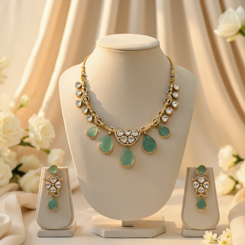 Meena Polki Necklace Set (Mint-Green)