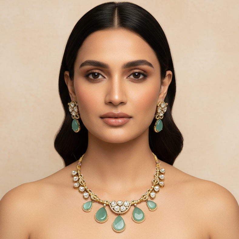 Meena Polki Necklace Set (Mint-Green)