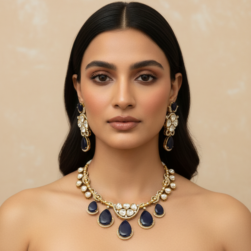 Meena Polki Necklace Set (Blue)