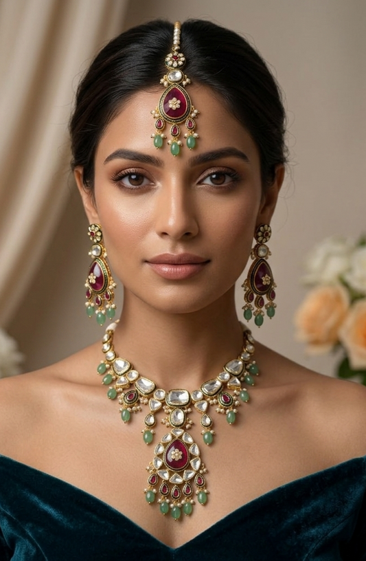 Heer Meenakari Polki set (Green-Pink)