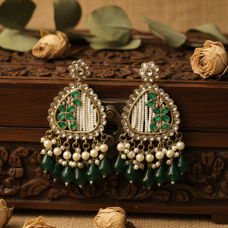 Noori Kundan Earrings (Green)