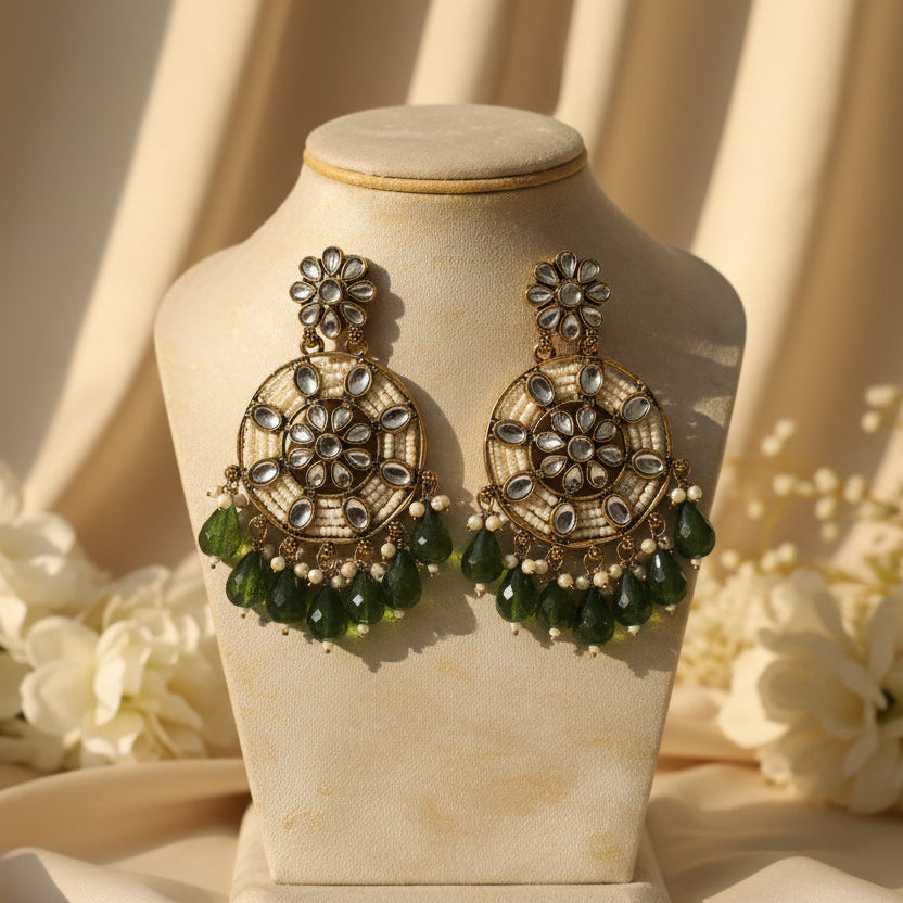 Siya Kundan Earrings (Olive Green)