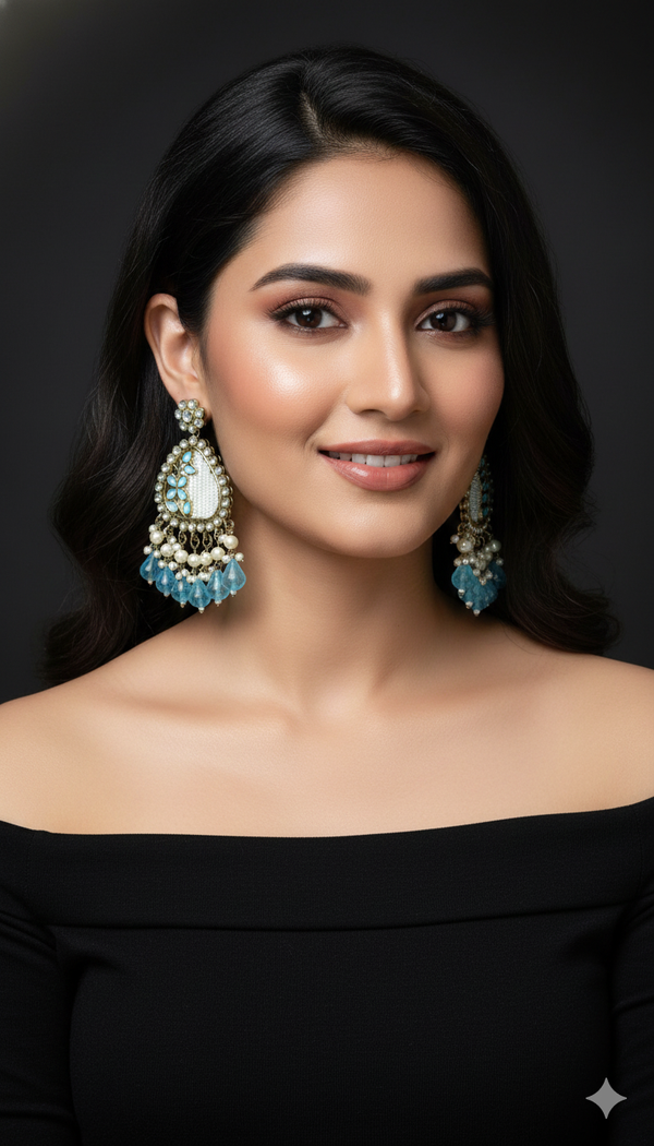 Noori Kundan Earrings (Sea Blue)