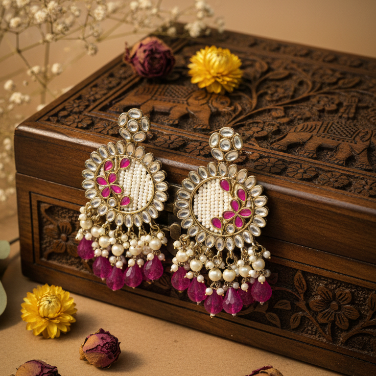 Kavya Kundan Earrings (Pink)