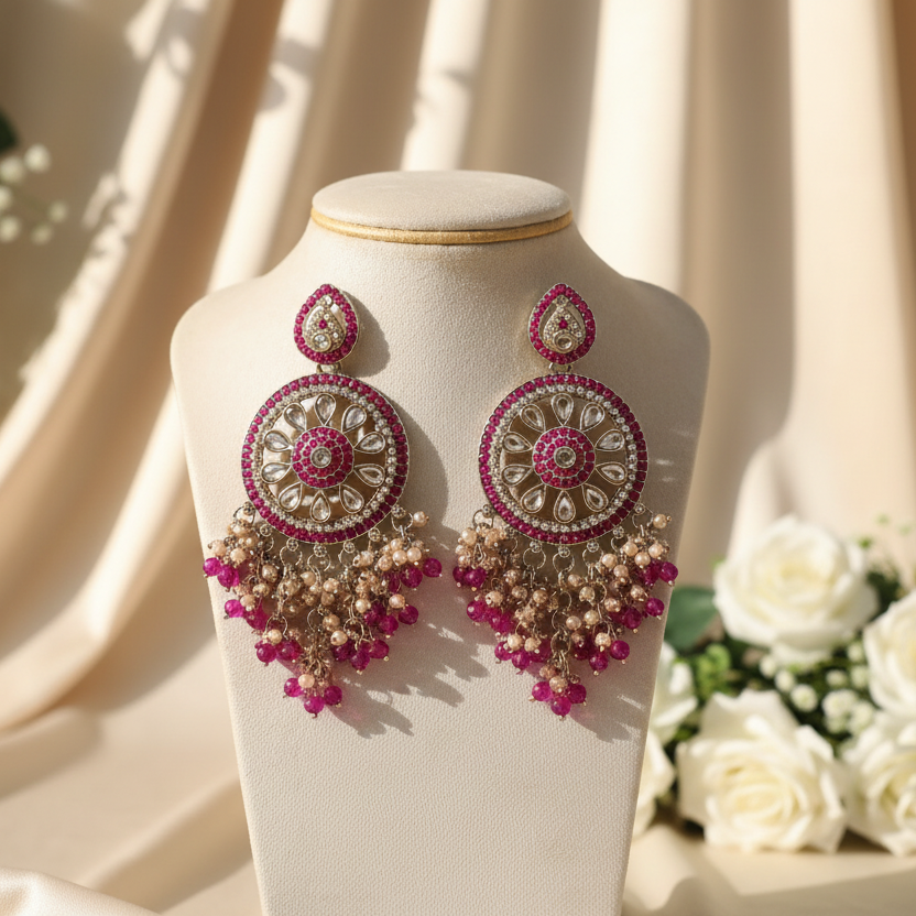Aarohi Kundan Earrings (Rani-Pink)