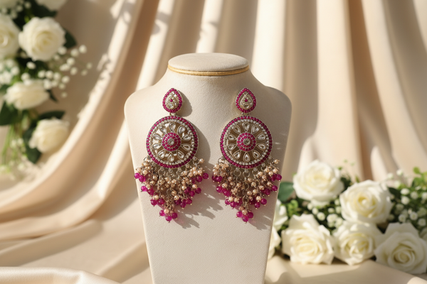 Aarohi Kundan Earrings (Rani-Pink)