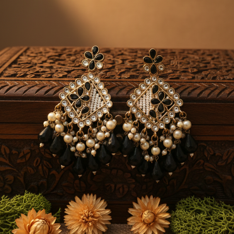 Ziya Kundan Earrings (Black)