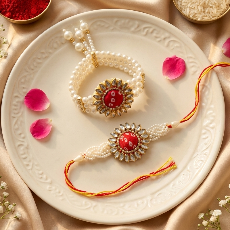 Red Rakhi and Lumba Set