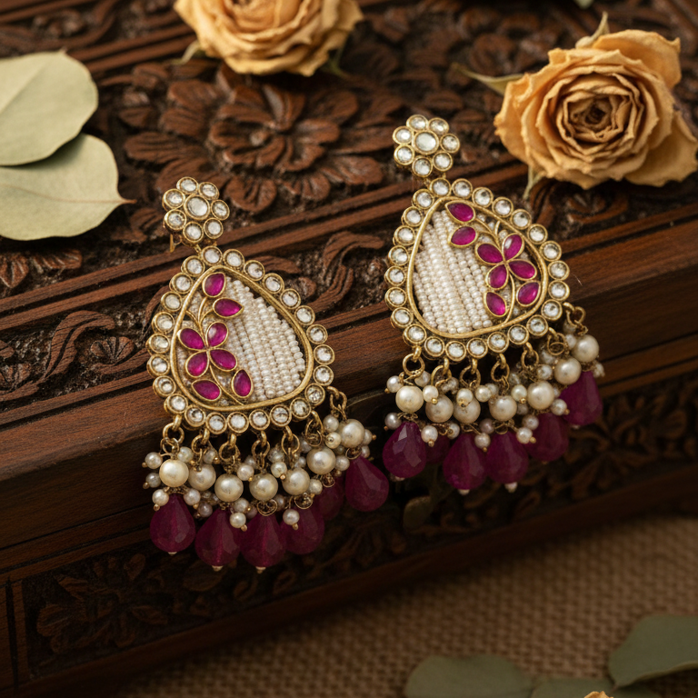 Noori Kundan Earrings (Rani Pink)