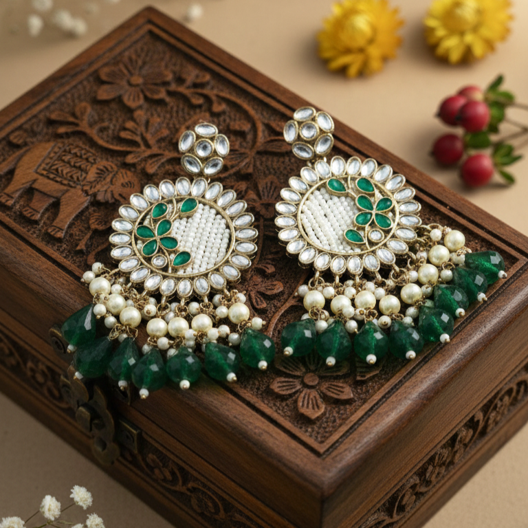 Kavya Kundan Earrings (Green)