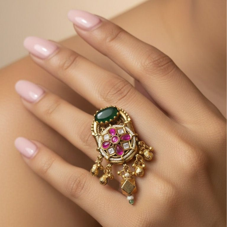 Heer Adjustable Ring (Green-Pink)