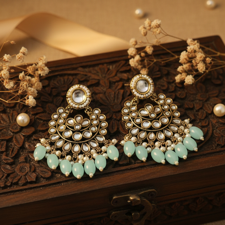 Diya Kundan Earrings (Blue)
