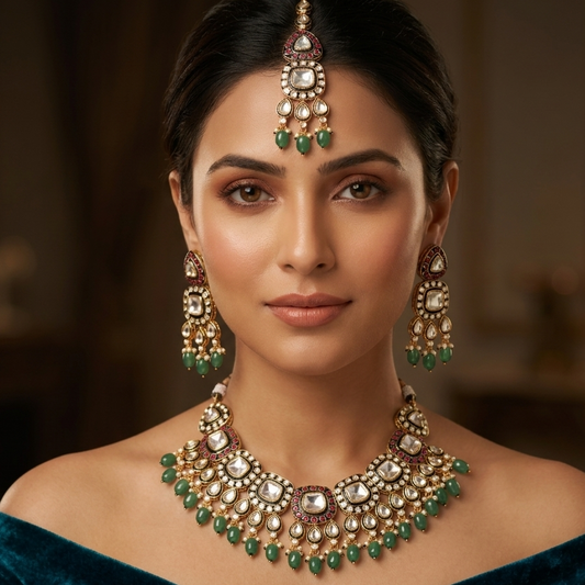 Maira Meenakari Polki set (Pink-Green)