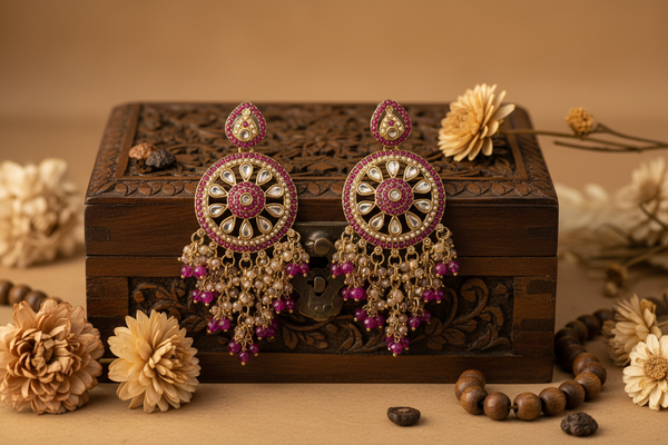Aarohi Kundan Earrings (Rani-Pink)