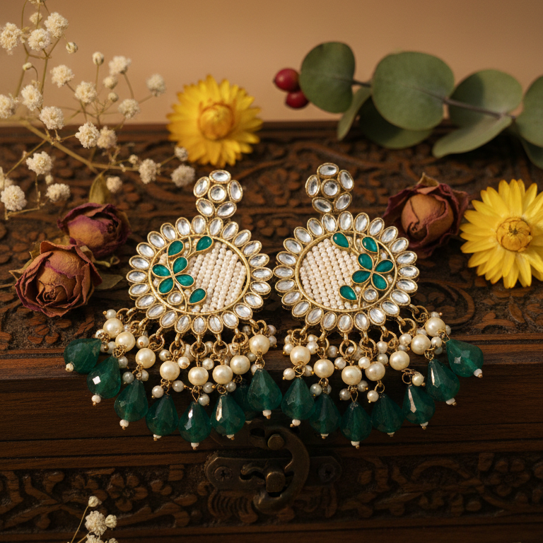 Kavya Kundan Earrings (Green)