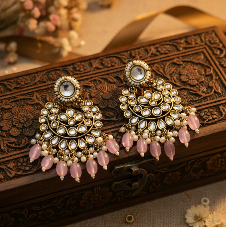 Diya Kundan Earrings (Pink)