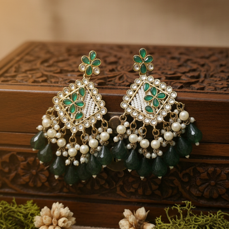 Ziya Kundan Earrings (Green)
