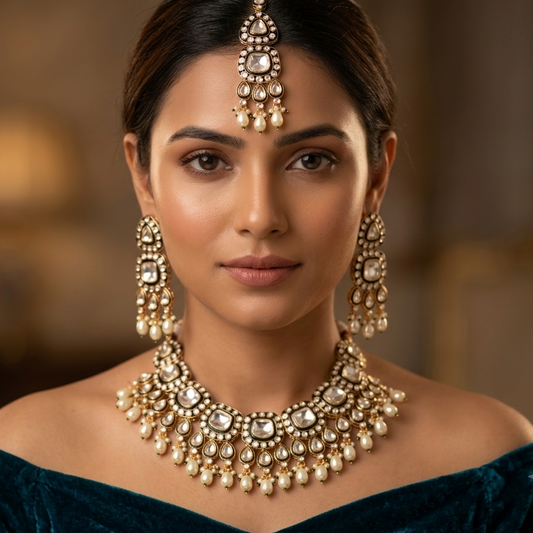 Maira Meenakari Polki set (Green-Ivory)