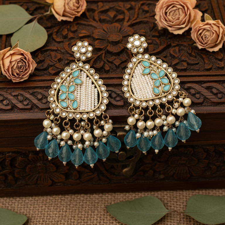 Noori Kundan Earrings (Sea Blue)