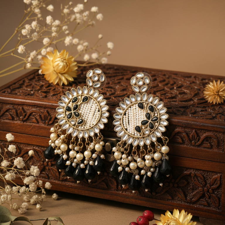 Kavya Kundan Earrings (Black)