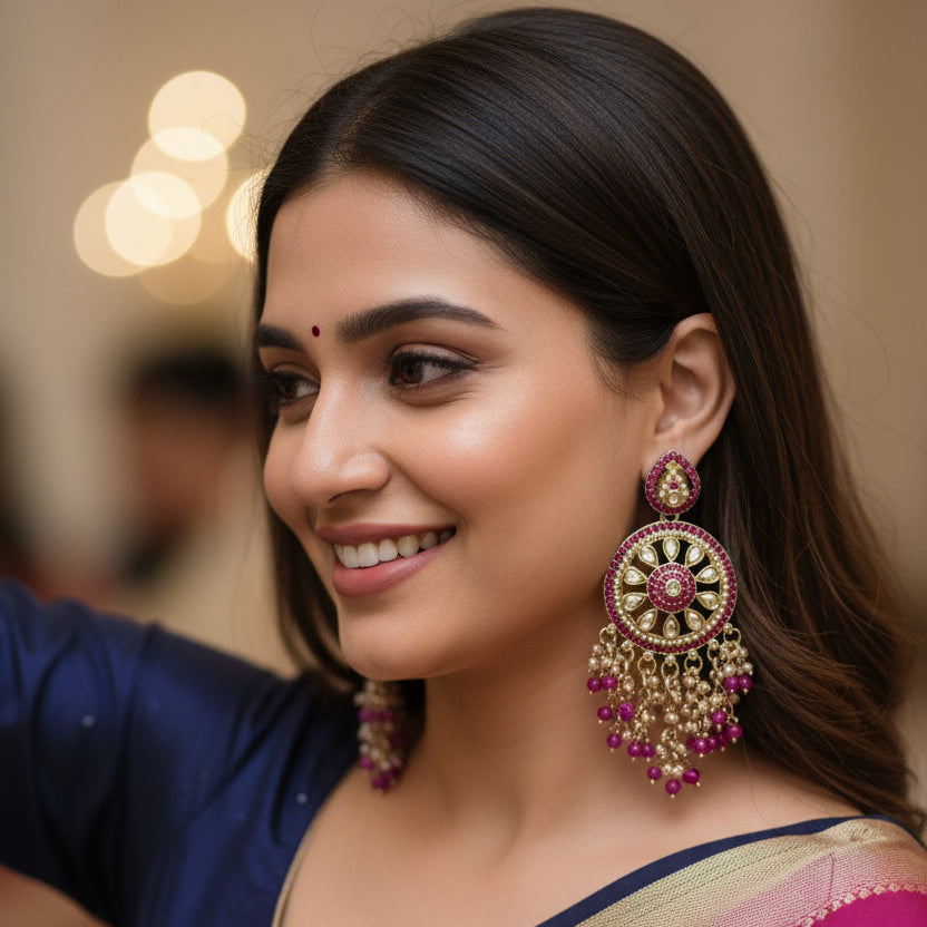 Aarohi Kundan Earrings (Rani-Pink)
