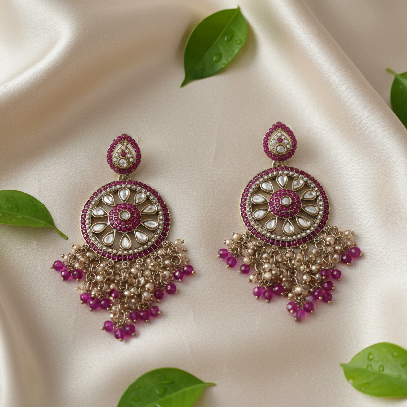 Aarohi Kundan Earrings (Rani-Pink)