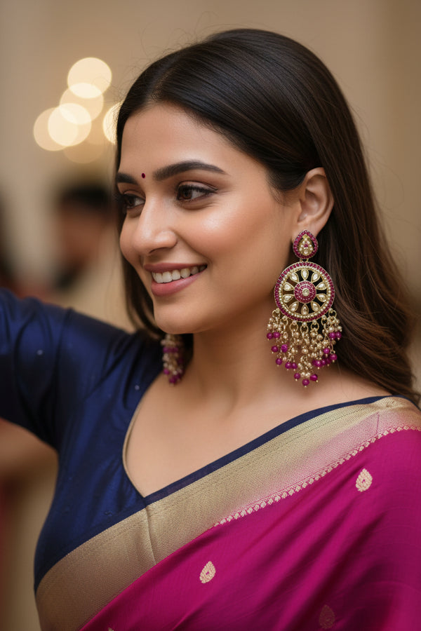 Aarohi Kundan Earrings (Rani-Pink)