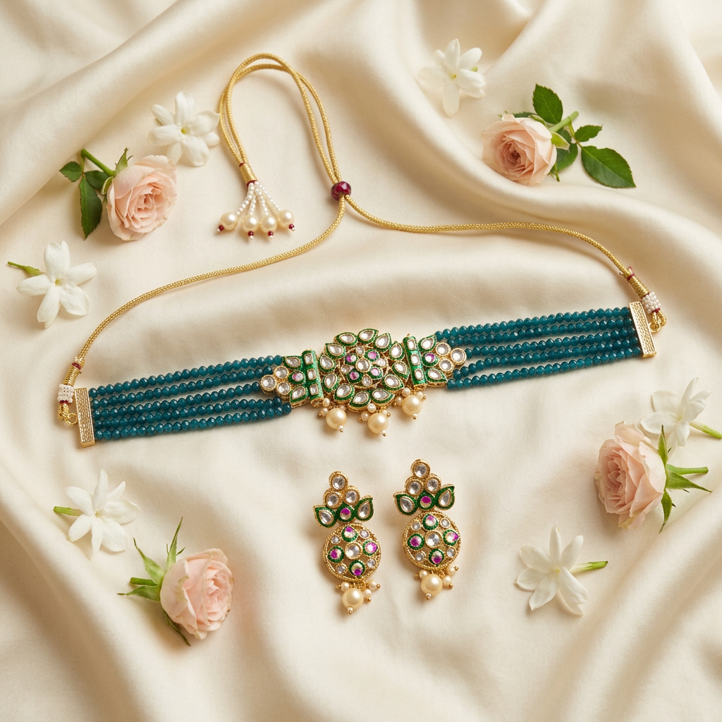 Sejal Kundan Choker Necklace Set (Green)